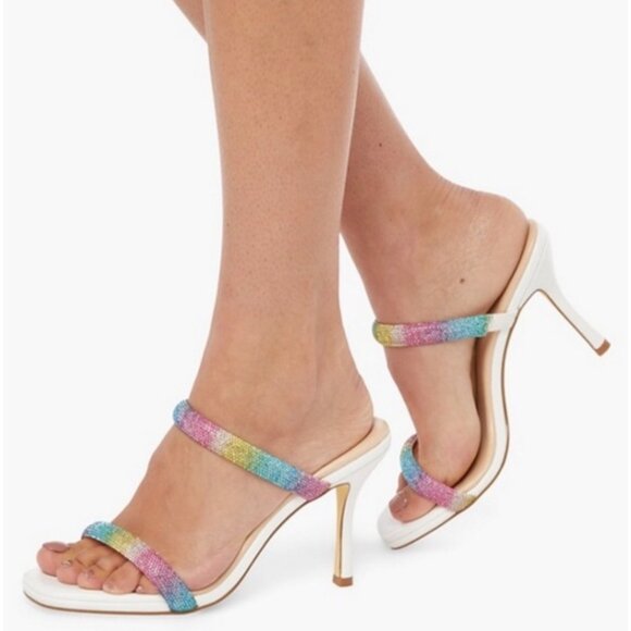 Just Fab Shoes - NIB Just Fab White Rainbow Rhinestone Heeled Sandals | Barbiecore Soft Girl Glam